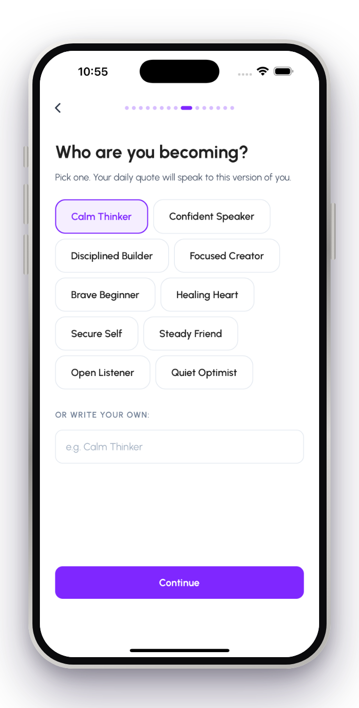 App screen asking who are you becoming, with identities like Calm Thinker and Confident Speaker