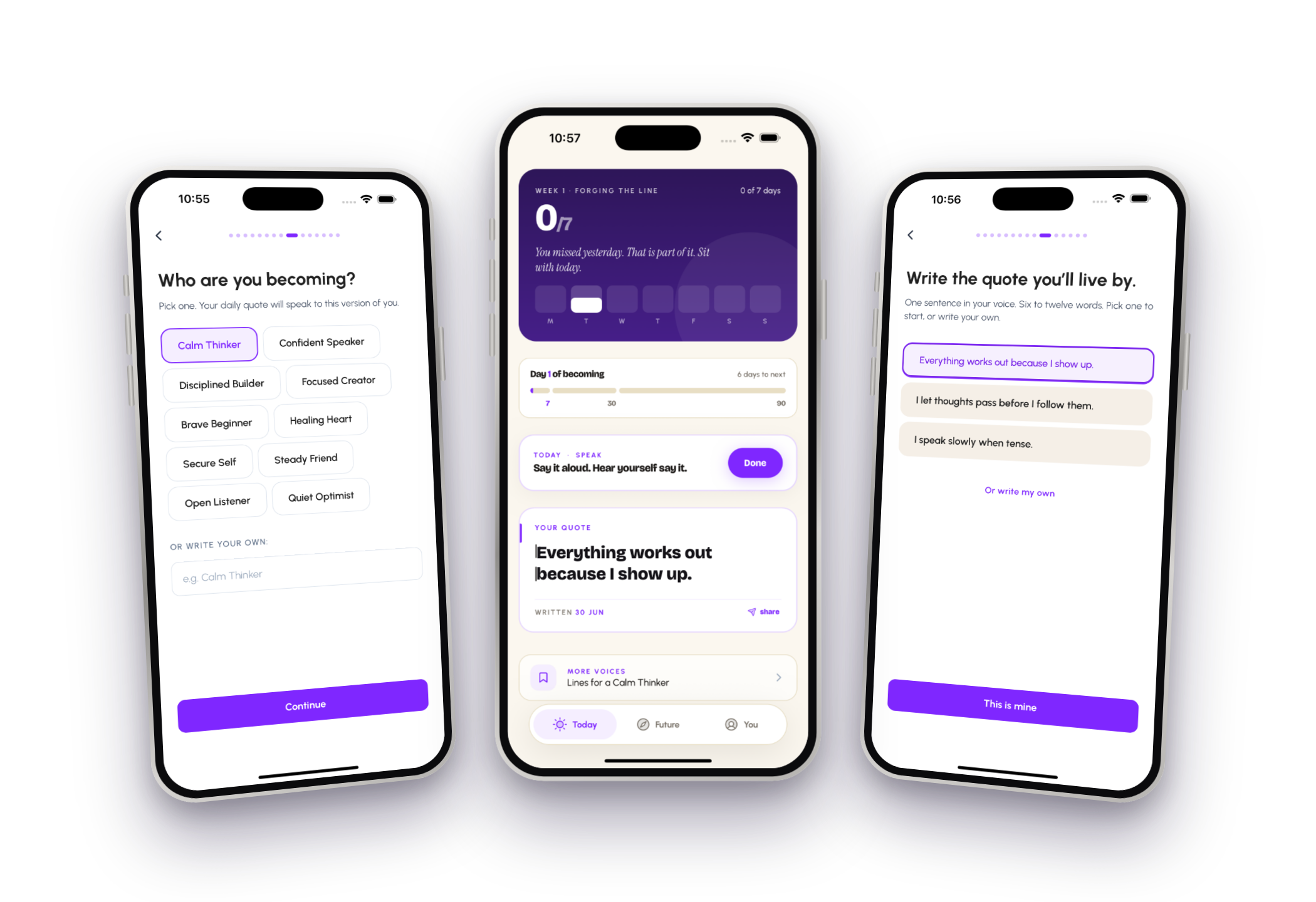 Quotesmatic app screens: pick who you are becoming, write your quote, live with it daily
