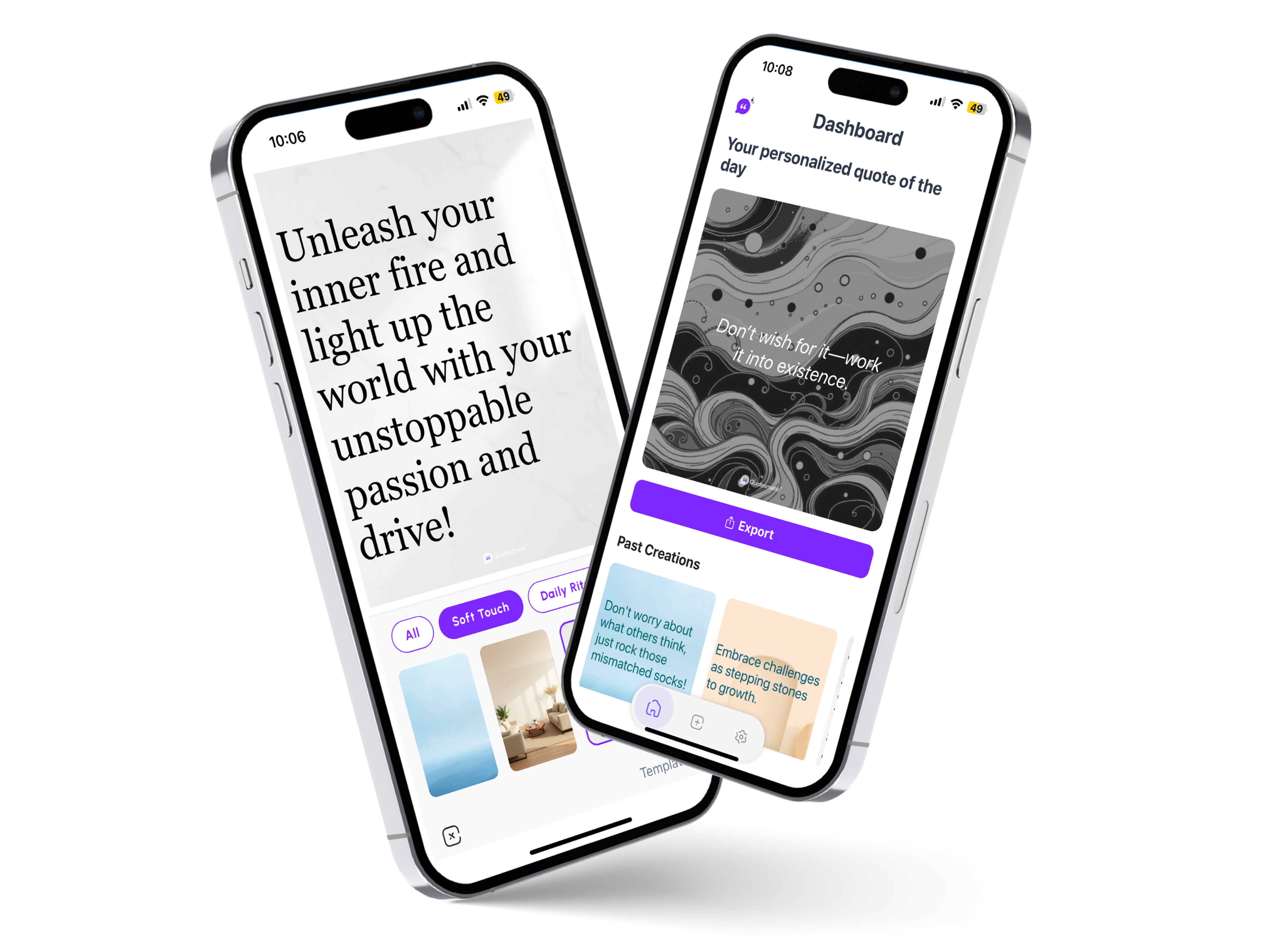 Quotesmatic app showing a daily quote tied to a Future Self practice